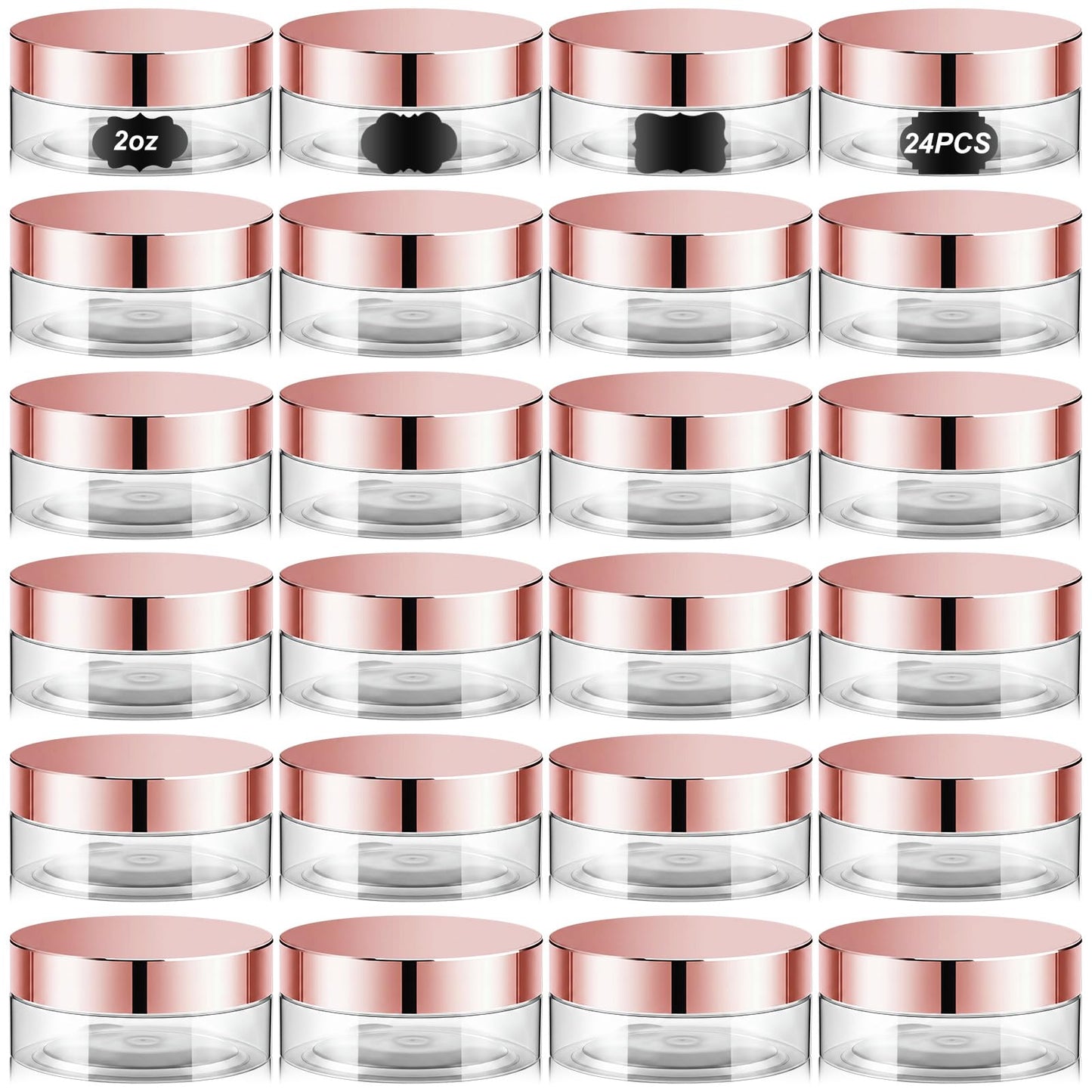 Dandat 24 Pcs 2 oz Clear Plastic Jars with Rose Gold Lids and Labels, Wide Mouth Cosmetic Sample Containers, Empty PET Pots for Cream, Body Butter, Balm, Salve, Gift Packaging, Travel, Beauty Projects
