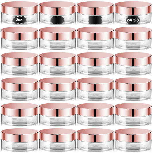 Dandat 24 Pcs 2 oz Clear Plastic Jars with Rose Gold Lids and Labels, Wide Mouth Cosmetic Sample Containers, Empty PET Pots for Cream, Body Butter, Balm, Salve, Gift Packaging, Travel, Beauty Projects