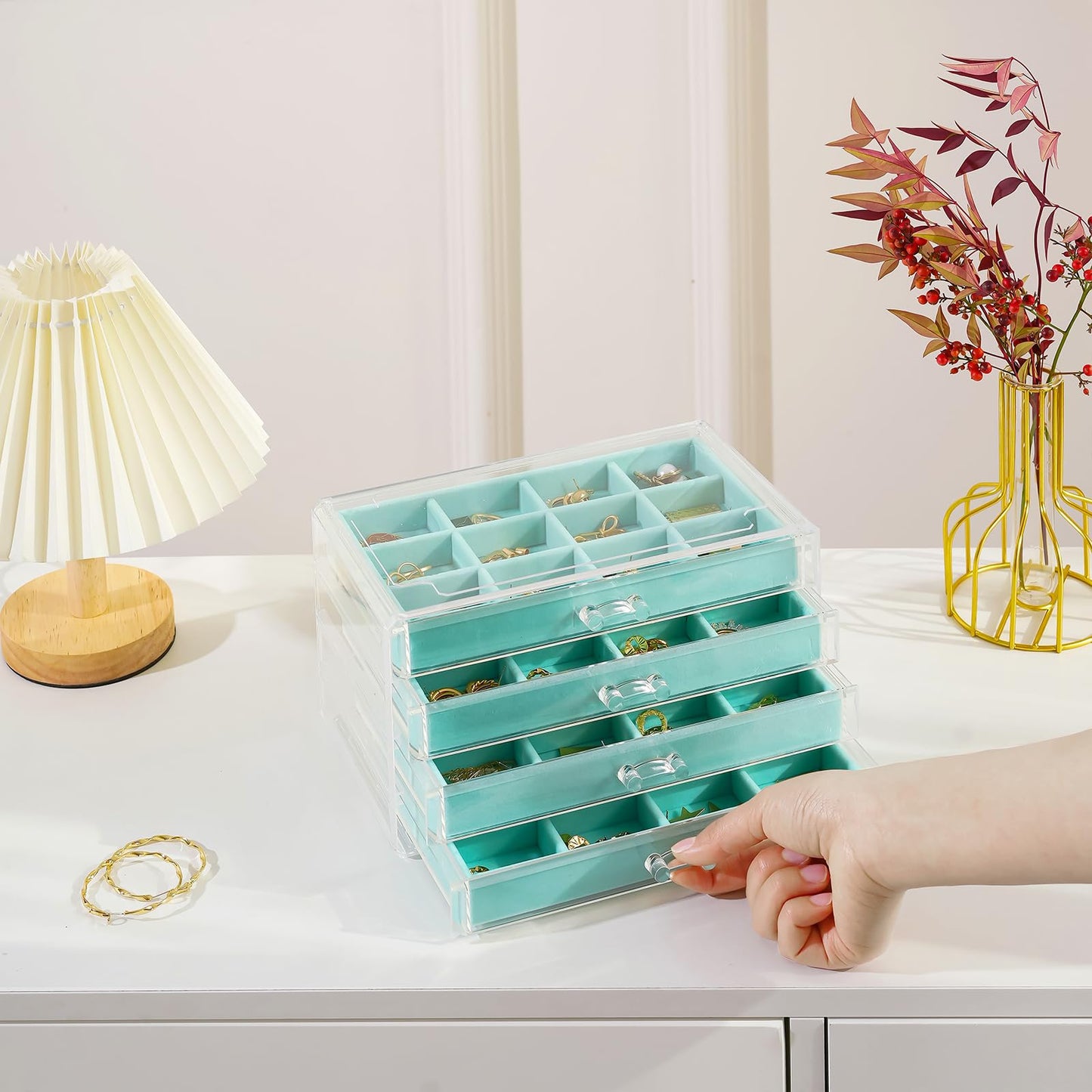 Lolalet Earring Holder Organizer Box Jewelry Storage with 4 Drawers, Clear Acrylic Stackable Earring Case with Adjustable Velvet Trays for Women on Dresser Vanity -Aqua, 4 Layers