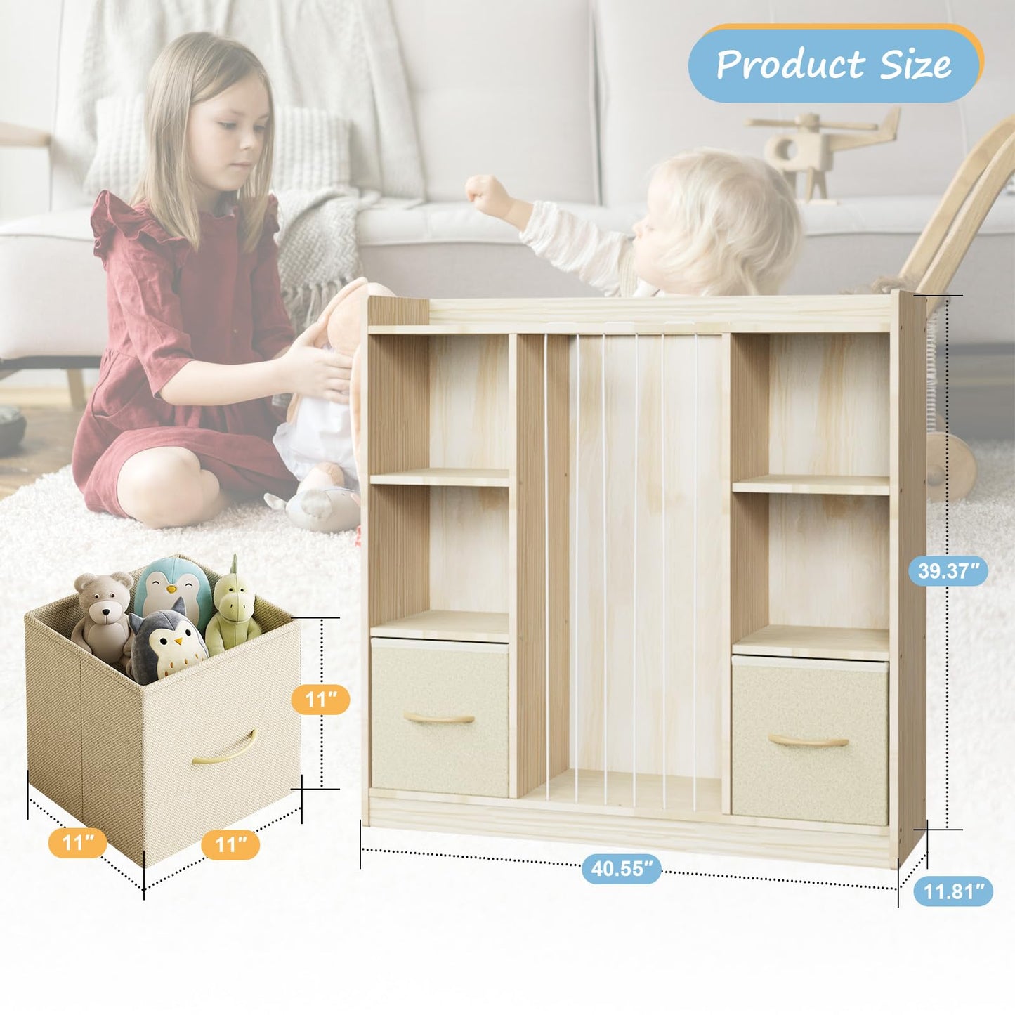 EXPERLAM 4-in-1 Toy Storage Organizer with Stuffed Animal Storage, Solid Pine Kids Bookshelf and Toy Shelf, 6 Cube Shelf with 2 Removable Drawers, Stuffed Animal Zoo for Kids Room, Playroom, Nursery