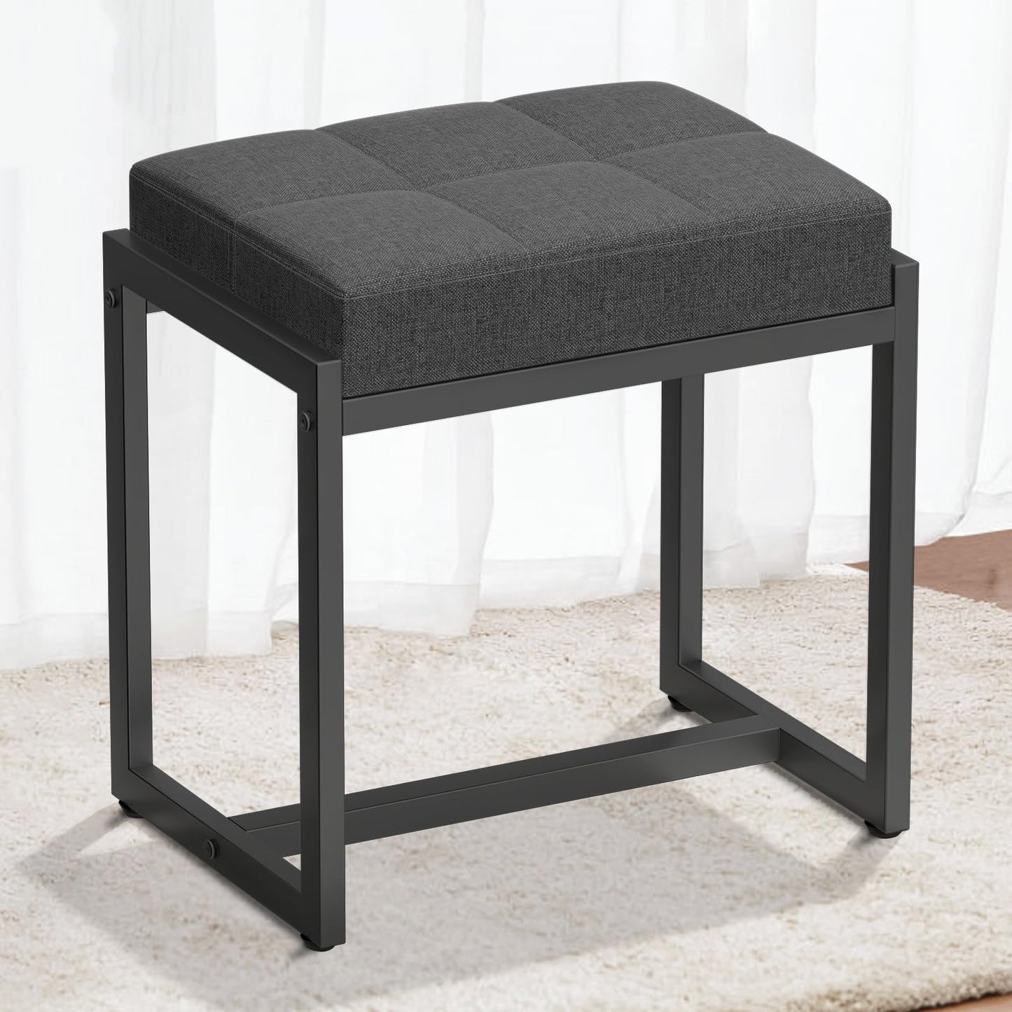 FLYZC Vanity Stool, Vanity Chair Stools for Makeup Room, Square Linen Makeup Stool for Vanity, Modern Padded Vanity Bench Small Ottoman Foot Rest Stool for Bedroom Living Room, Dark Grey & Black