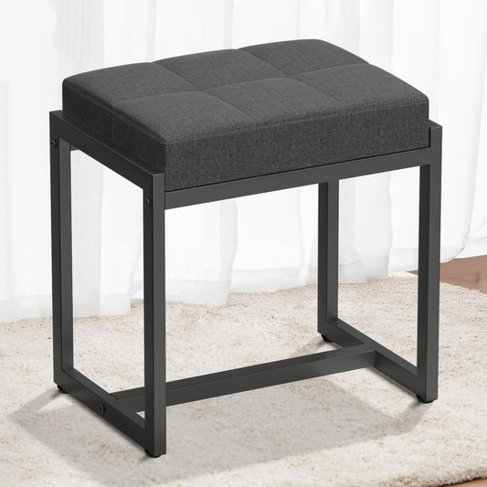 FLYZC Vanity Stool, Vanity Chair Stools for Makeup Room, Square Linen Makeup Stool for Vanity, Modern Padded Vanity Bench Small Ottoman Foot Rest Stool for Bedroom Living Room, Dark Grey & Black