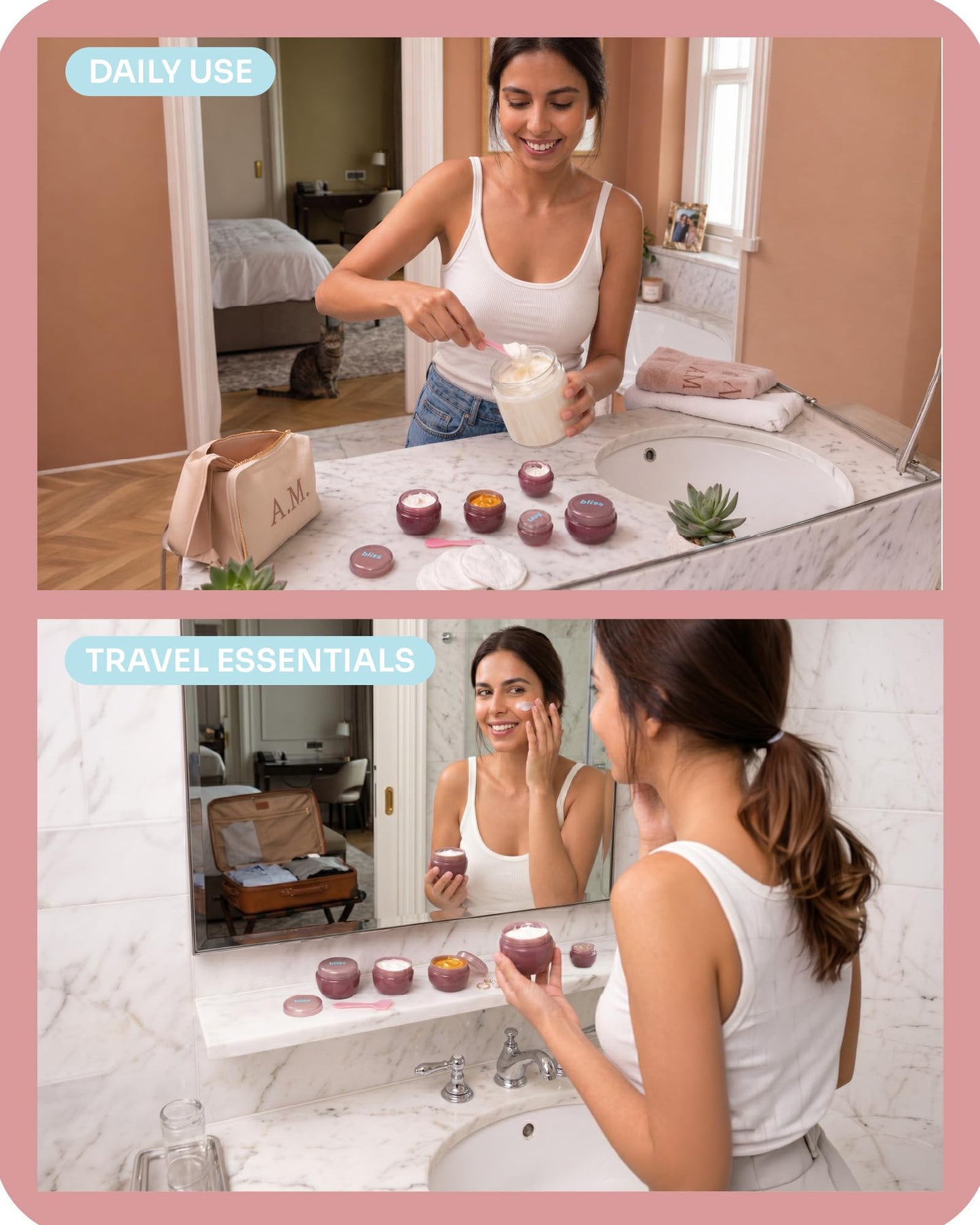 Bliss Travel Containers - 5 Pack Leak Proof Tapered Jar Set with Lid and Spatula - Small Travel Size Containers for Creams Lotions Skincare, Size Onesize, Pink Gaze
