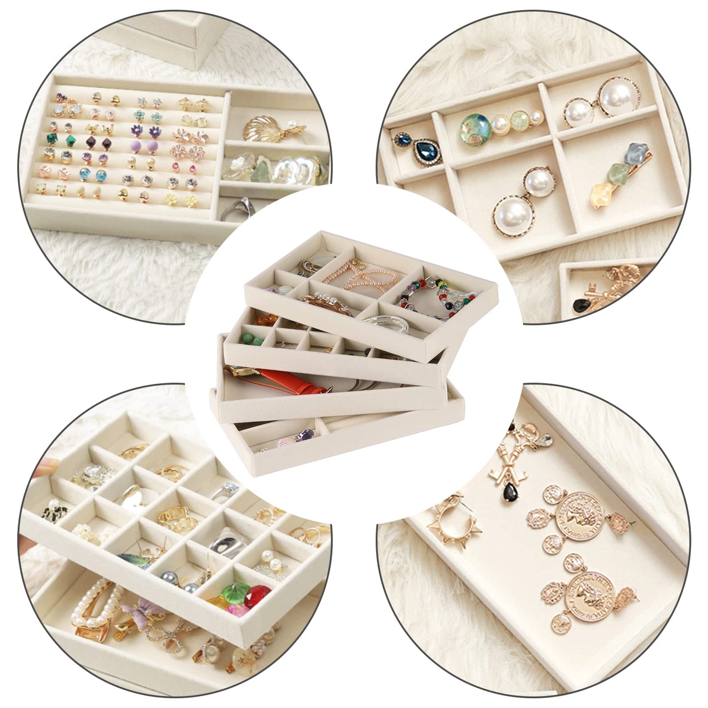 Afnkiom Jewelry Trays,Velvet Stackable Organizer Trays,Drawer Inserts Jewelry Display Case For Rings Stud Necklaces Earring Organizer Tray for Women Girls-8 Pack (Beige)