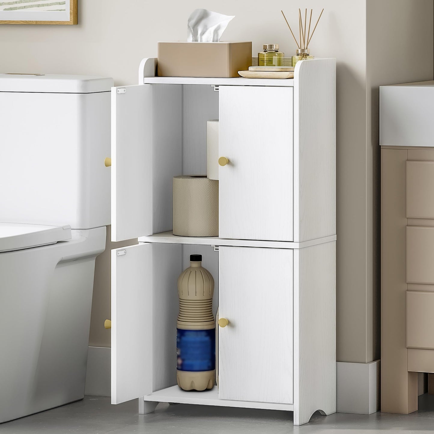 HEXCELEN Small Storage Cabinet, Bathroom Storage Cabinet with 4 Doors, Floor Bathroom Organizer Freestanding for Small Spaces, Living Room, Kitchen, Entryway (Modern Minimalism, White)