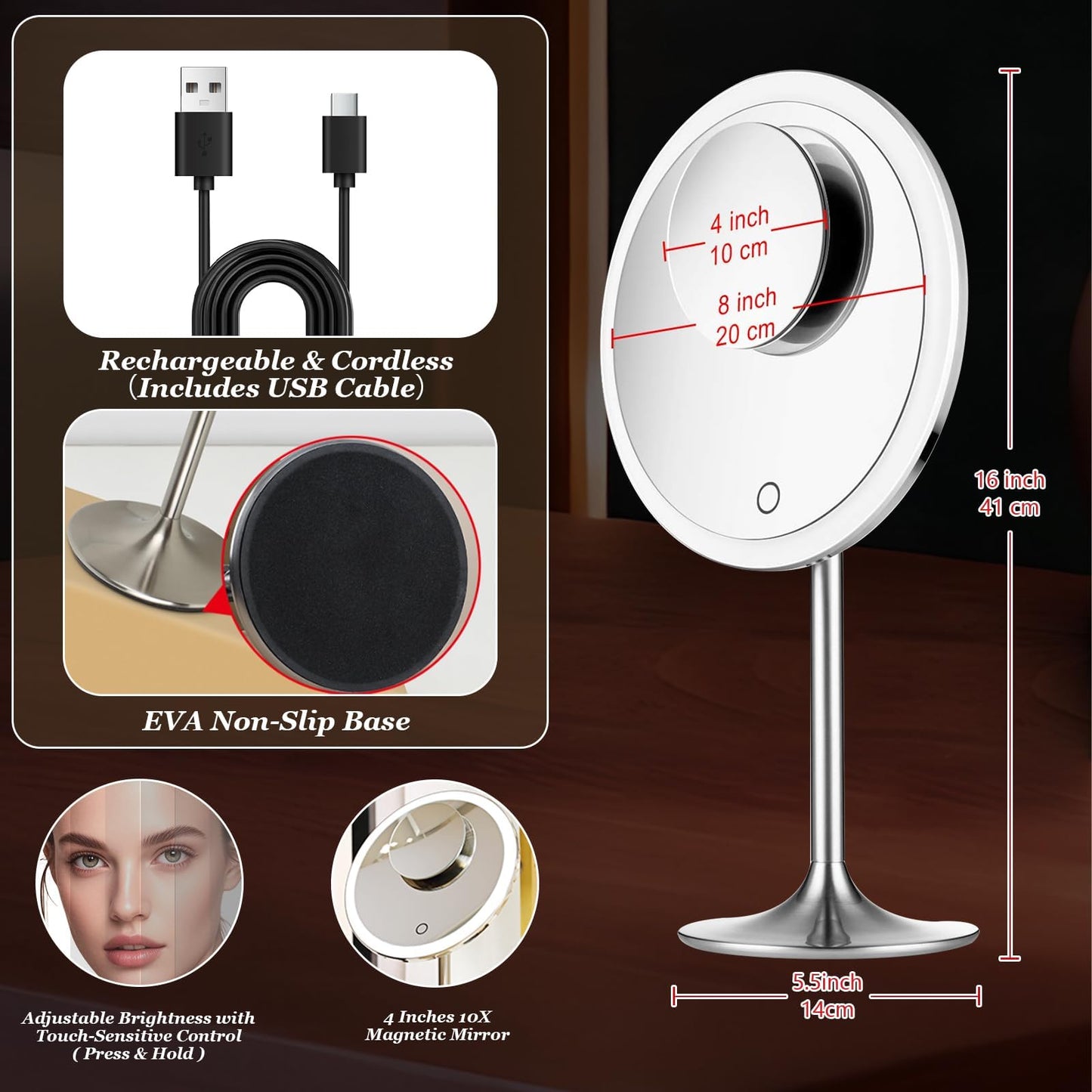 Miusco Makeup Mirror 9" Vanity Mirror with Lights, 5X & 10X Magnification - Front/Back Magnetic Design, Rechargeable & Cordless, Touch Dimming, 90° Adjustable Angle, Metal Frame, Includes USB Cable