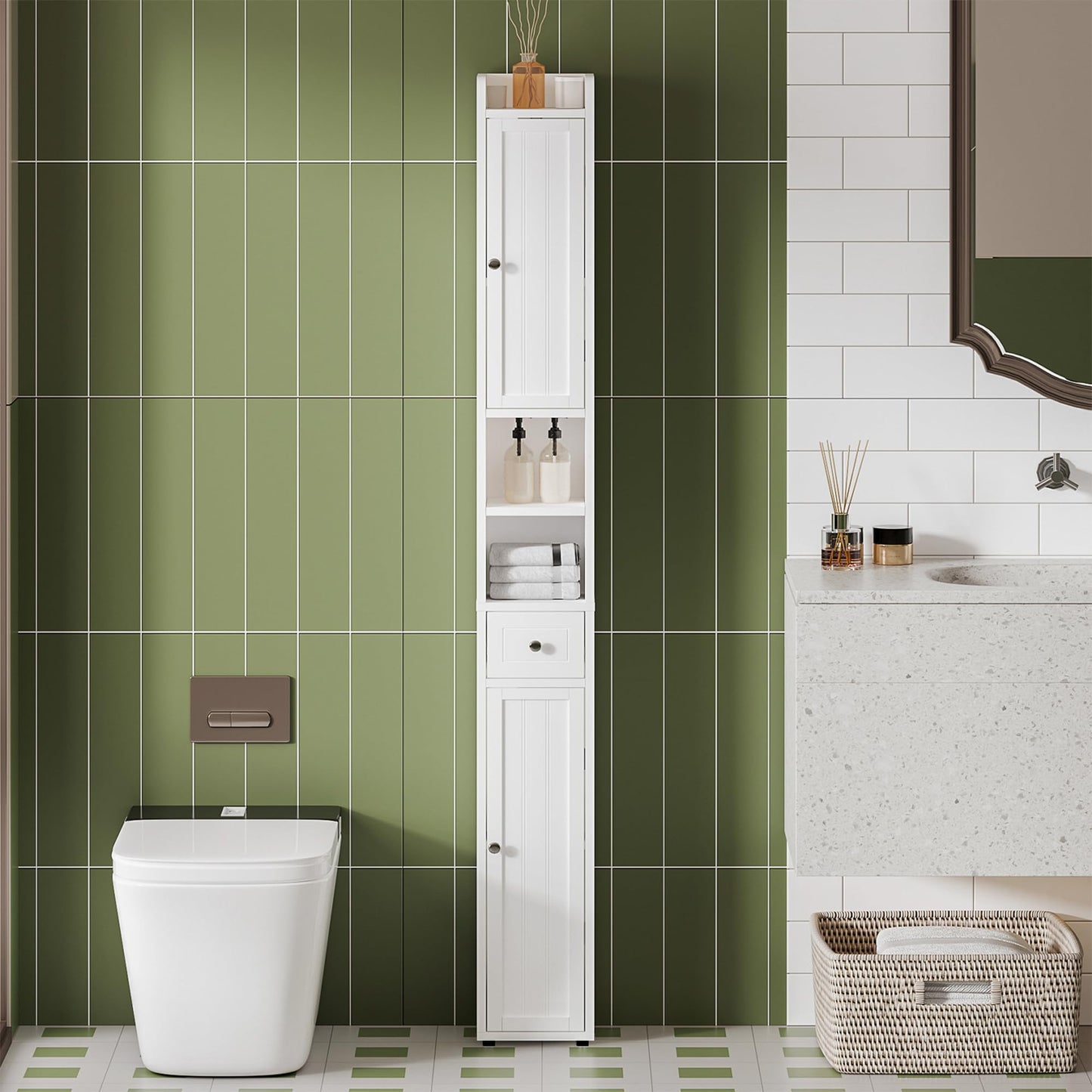 ChooChoo Narrow Bathroom Storage Cabinet with Adjustable Shelves, Tall Storage Cabinet with 2 Doors and 1 Drawer, Freestanding Cupboard for Small Spaces, White