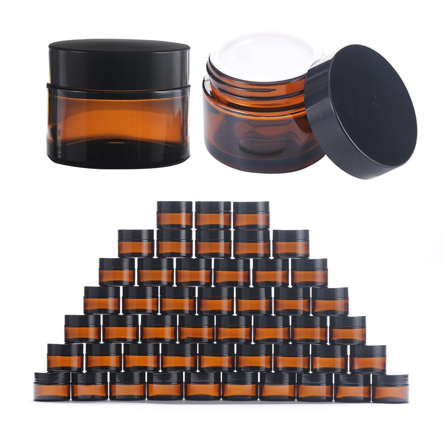OverNews 2oz Amber Glass Jar Travel Size, 45PCS Empty Cosmetic Lotion Container with Black Lid & Spatula, Small Mini Jar for Beauty (Amber)