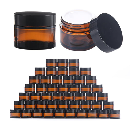 OverNews 2oz Amber Glass Jar Travel Size, 45PCS Empty Cosmetic Lotion Container with Black Lid & Spatula, Small Mini Jar for Beauty (Amber)