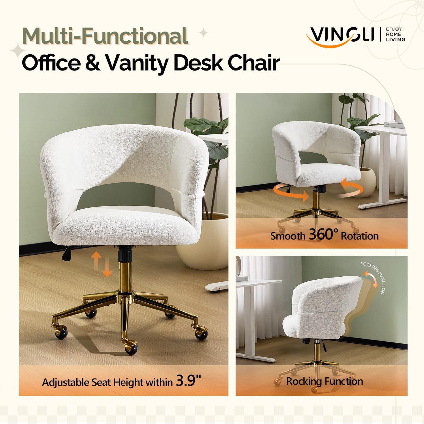 VINGLI Modern Curved Office & Vanity Desk Chair, Cute Upholstered Nail Chair with Wheels & 360° Swivel & Club & Tilting & Gold Base, for Bedroom, Living Room, Makeup, Velvet Chenille, White