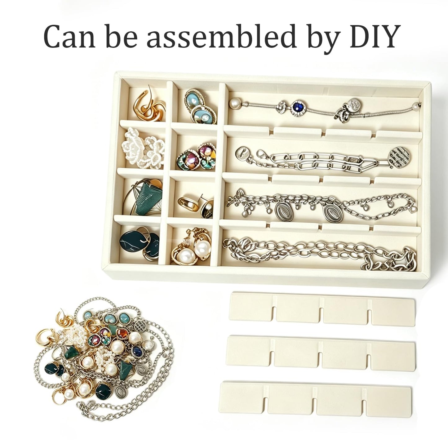 Velvet Jewelry Drawer Organizer Trays, 4 Pack Stackable Jewelry Storage Inserts Set, Beige Jewelry Tray Set with Removable Dividers for Earrings, Necklaces, Rings, Bracelets for Vanity & Dresser