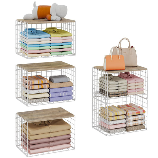 5 Pack Extra-Long Closet Organizers and Storage with Ajustable Shelf, Stackable Closet Shelf Organizer, Double Storage Design Clothes Storage Cube/Bin Organizer for Wardrobe, Space-Saving, White