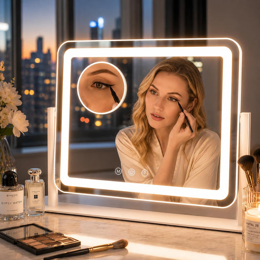 Lighted Makeup Mirror, Vanity Mirror with Lights, 10X Magnification, Gifts for Women, 3 Color Lighting Modes, Smart Touch Control, 360° Rotation for Bedroom or Tabletop (Included Power Adapte)