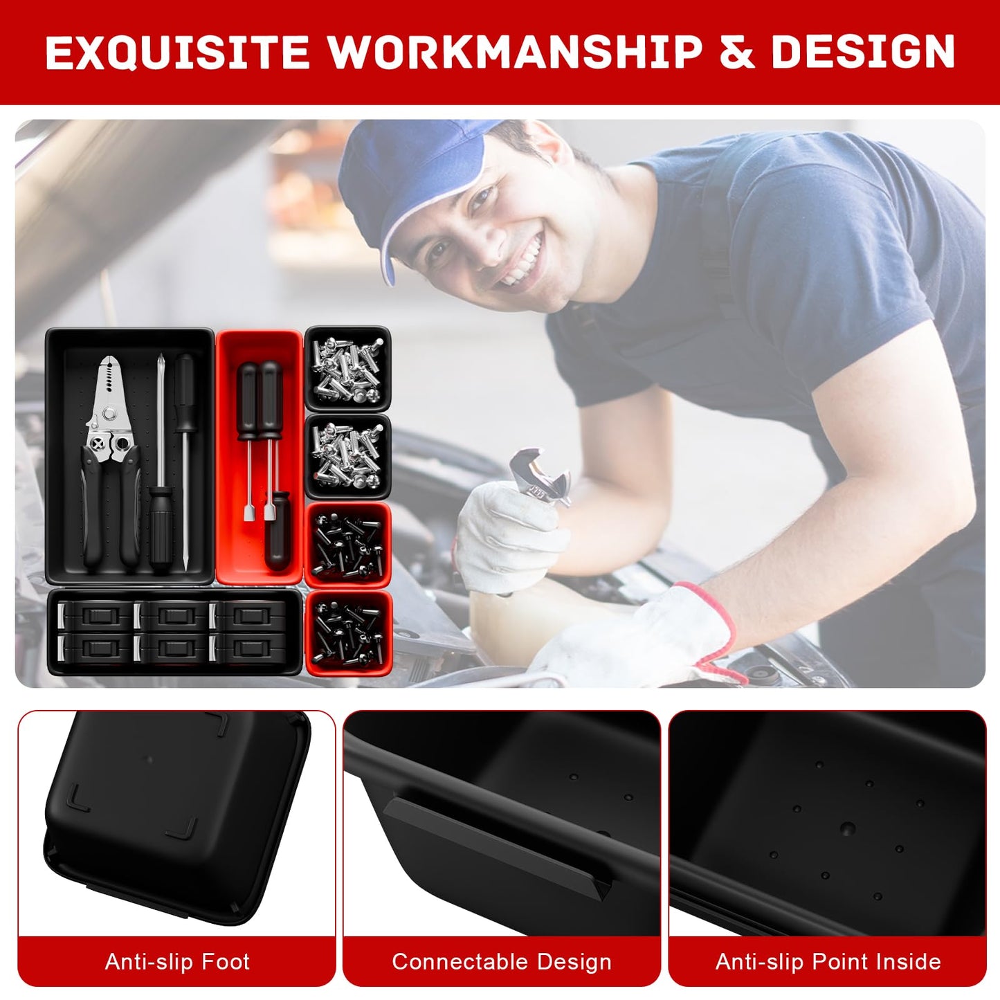Vexercisehoop Toolbox Organizer Trays, Tool Chest Drawer Organizer with Non-Slip EVA Pads – 47pcs Red and Black Interlocking Trays for Workbench, Rolling Tool Cart, Garage