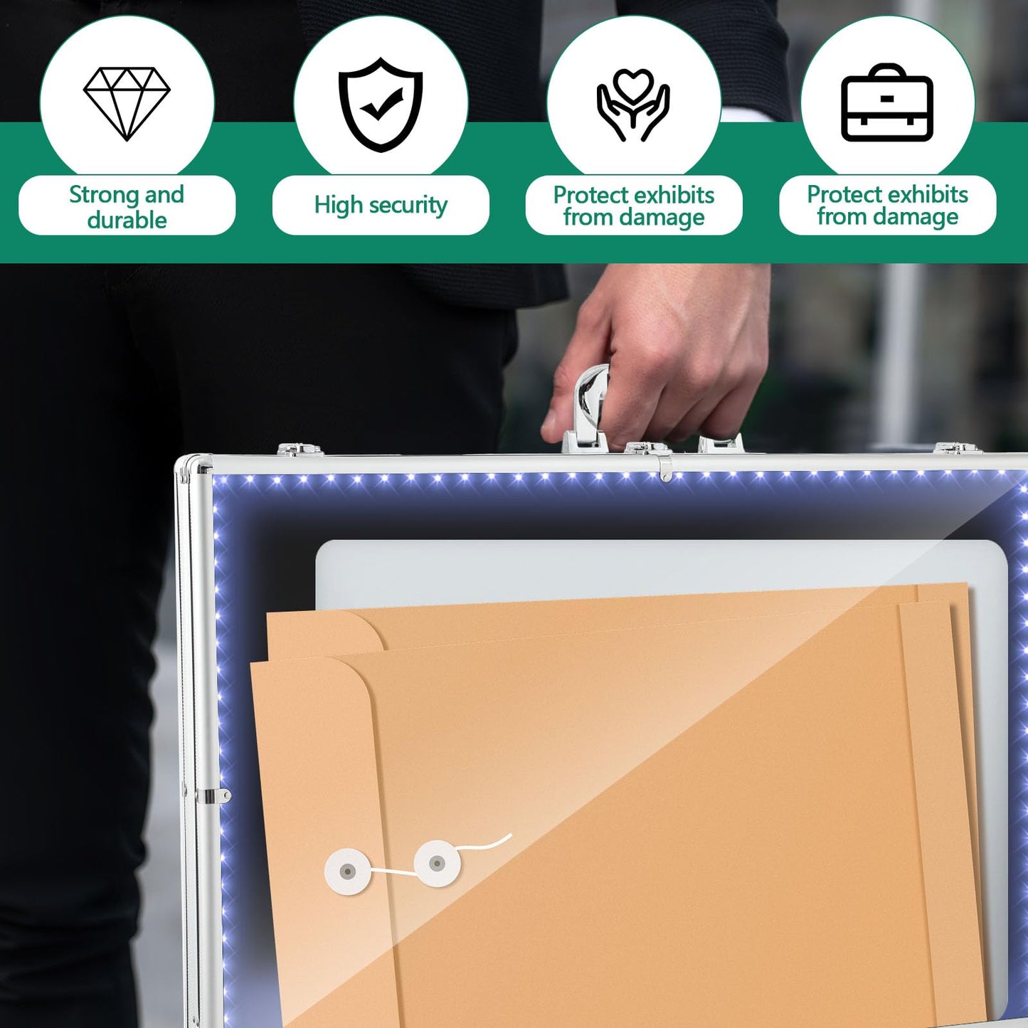 Memorywuu 34"x22" LED Trade Show Display Case Table Top Portable Aluminum Sports Card Display Case Frame with Clear Acrylic Showcase with Locks for Jewelry Craft Collector Shows