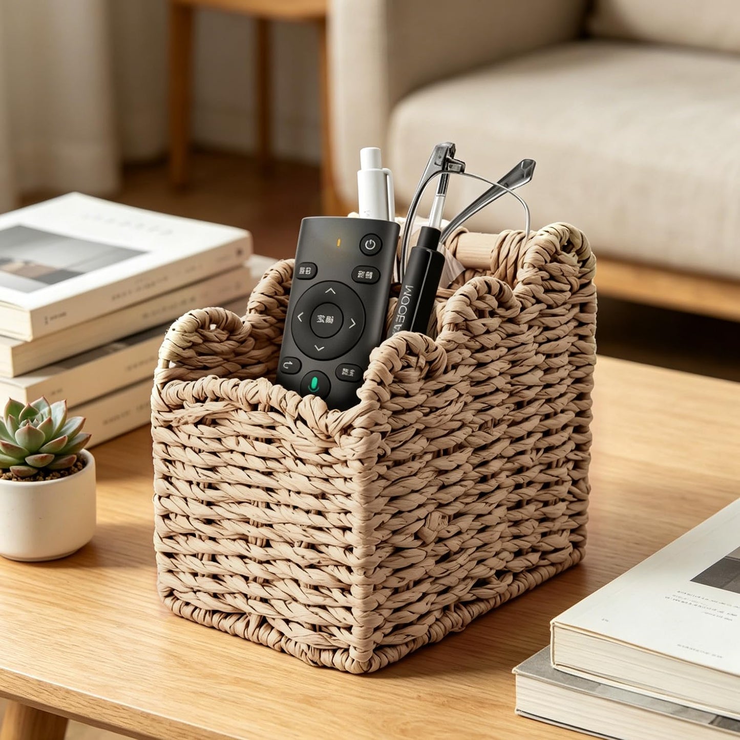 Obantrsz Remote Control Holder, 2-Slot Paper Rope Woven Desk Organizer Caddy with Scalloped Edge – 5.7" x 3.7" x 5.5" Beige Bedside Storage for Pens, Makeup Brushes, Living Room & Office Decor