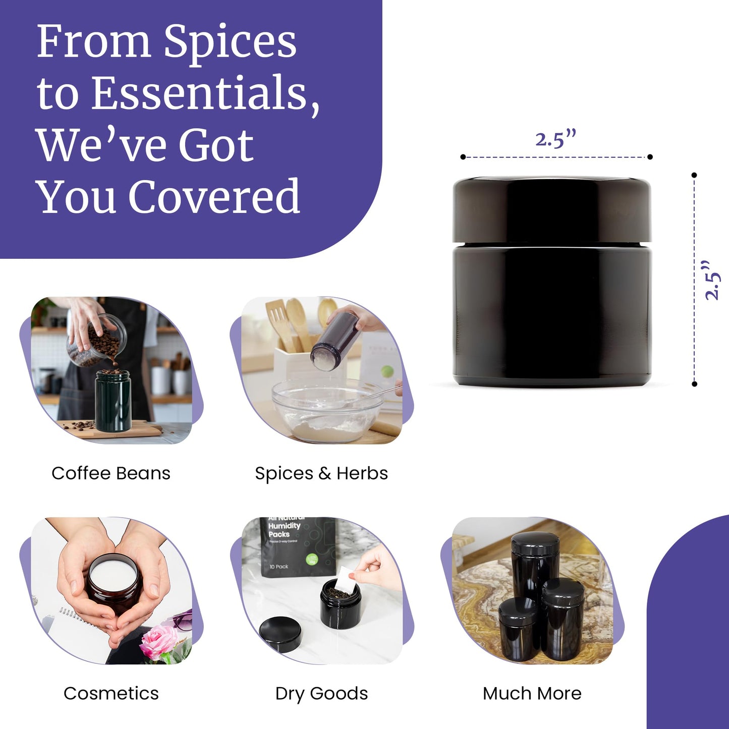 Infinity Jars Tall Black Glass Jar 100 ml (3.3 fl oz) Ultraviolet Airtight Smell Proof, Refillable Container, Screw top Jar for Long-term storage Coffee, Spices, Tea, Dried Goods for Kitchen