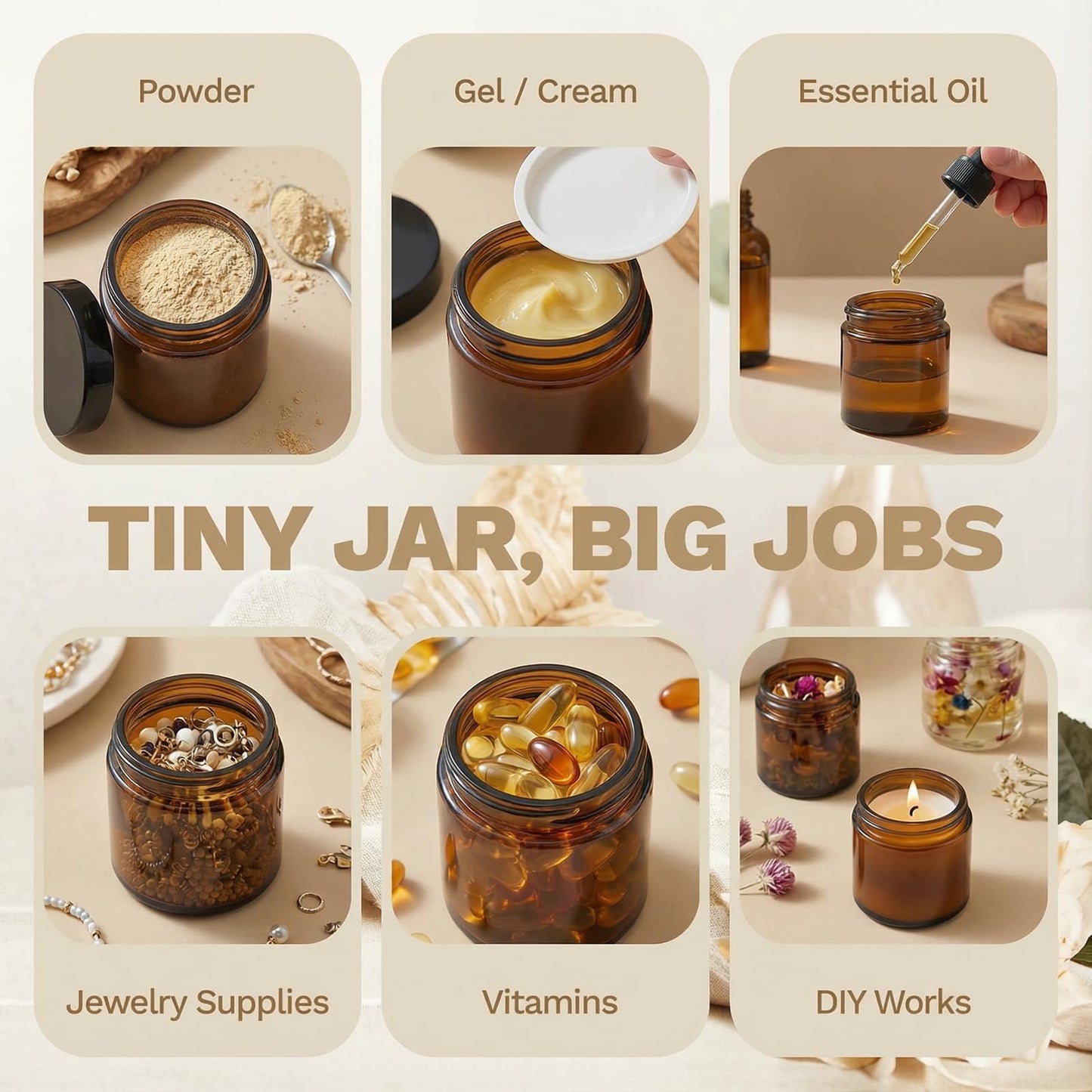 6oz Amber Glass Jars with Lids – 24 PCS Leak-Proof Cosmetic & Lotion Jars with Inner Liners,Small Travel Jars for Body Scrubs, Creams, Lip Balms, and DIY Projects –Airtight,Reusable（Amber）