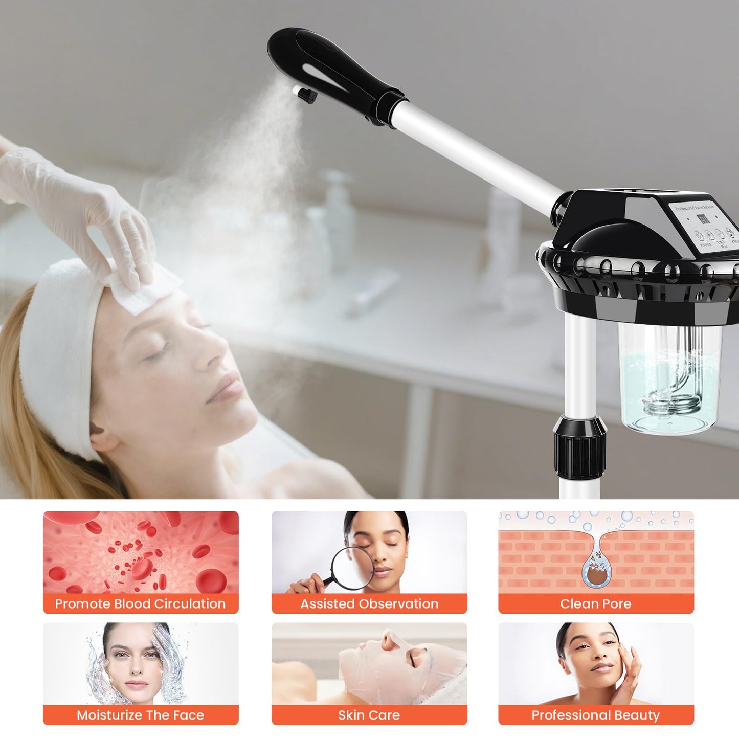 Professional Facial Steamer, Face Steamer on Wheels, SPA Ozone Nano Steamer for Facials