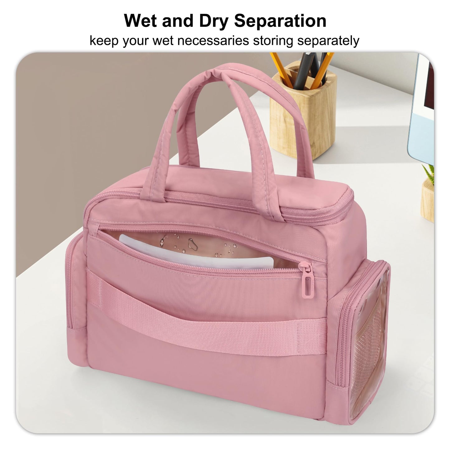 WGEAR Travel Cosmetic Bag for Women, Lightweight Wide-open Makeup Travel Bags for Toiletries with 2 Removable Dividers, Large Makeup Organizer with Brushes Board, Multi Pockets for Gym, Daily, Pink