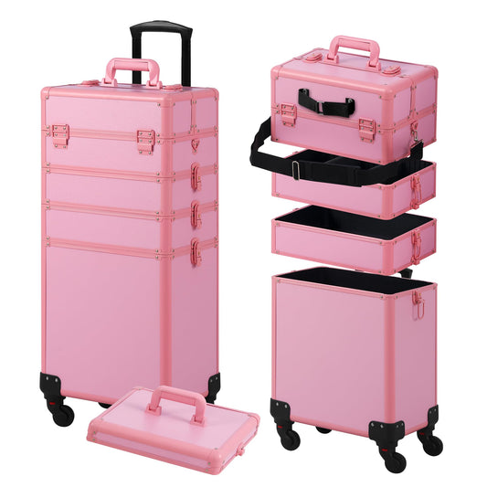 Somduy Makeup Train Case, Rolling Makeup Case with Lid, 5 in 1 Cosmetology Case on Wheels, Christmas Gift, Large Makeup Case Organizers, Profesional Cosmetic Case for Salon Barber, Pink