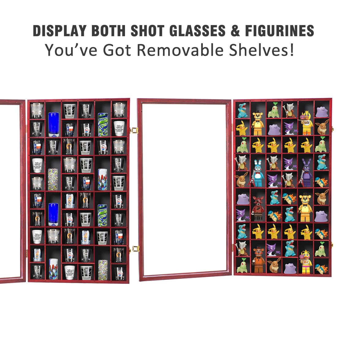 Shot Glass Display Case Large Wooden Cabinet Rack Holder Wall Mounted Mahogany Shadow Box Lockable with UV Protection Acrylic Glass Door Shot Glass Storage with Removable Shelves, 17"x32", 52 Slots