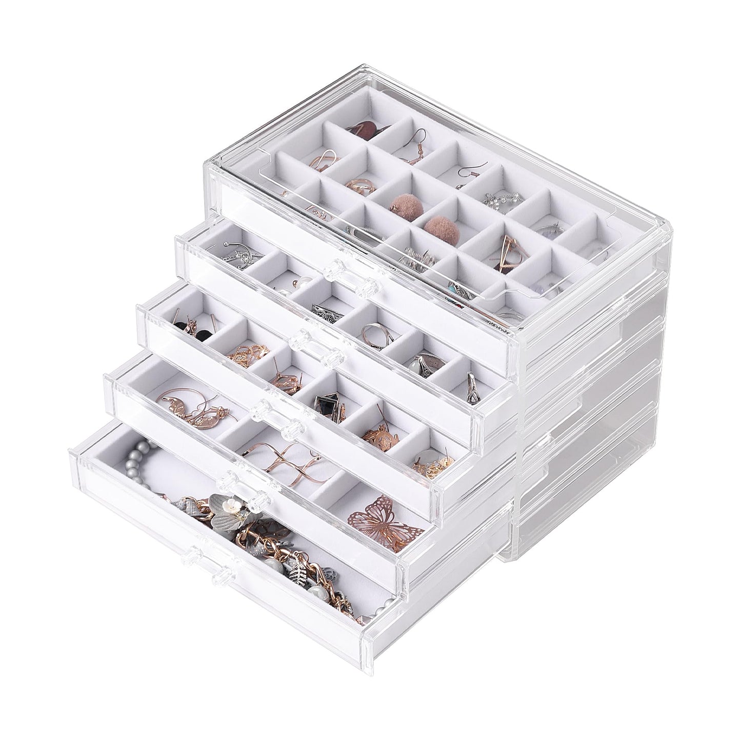 Frebeauty Acrylic Jewelry Organizer Earring Organizer Box with 5 Drawers Earring Holder Organizer with Velvet Trays Clear Jewelry Box for Women Earring Display for Rings Studs(White)