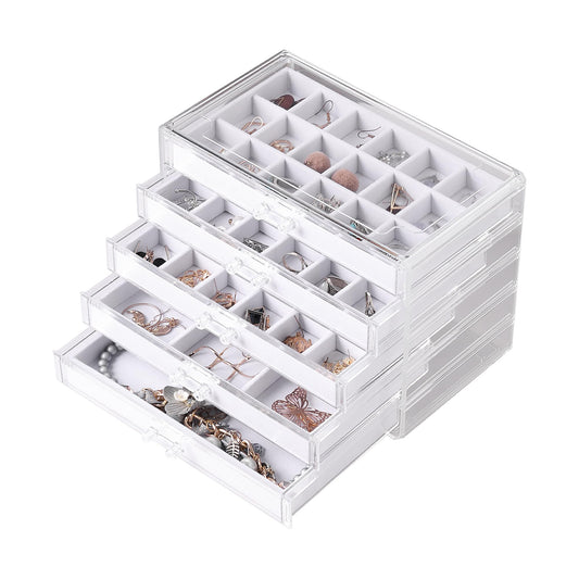 Frebeauty Acrylic Jewelry Organizer Earring Organizer Box with 5 Drawers Earring Holder Organizer with Velvet Trays Clear Jewelry Box for Women Earring Display for Rings Studs(White)