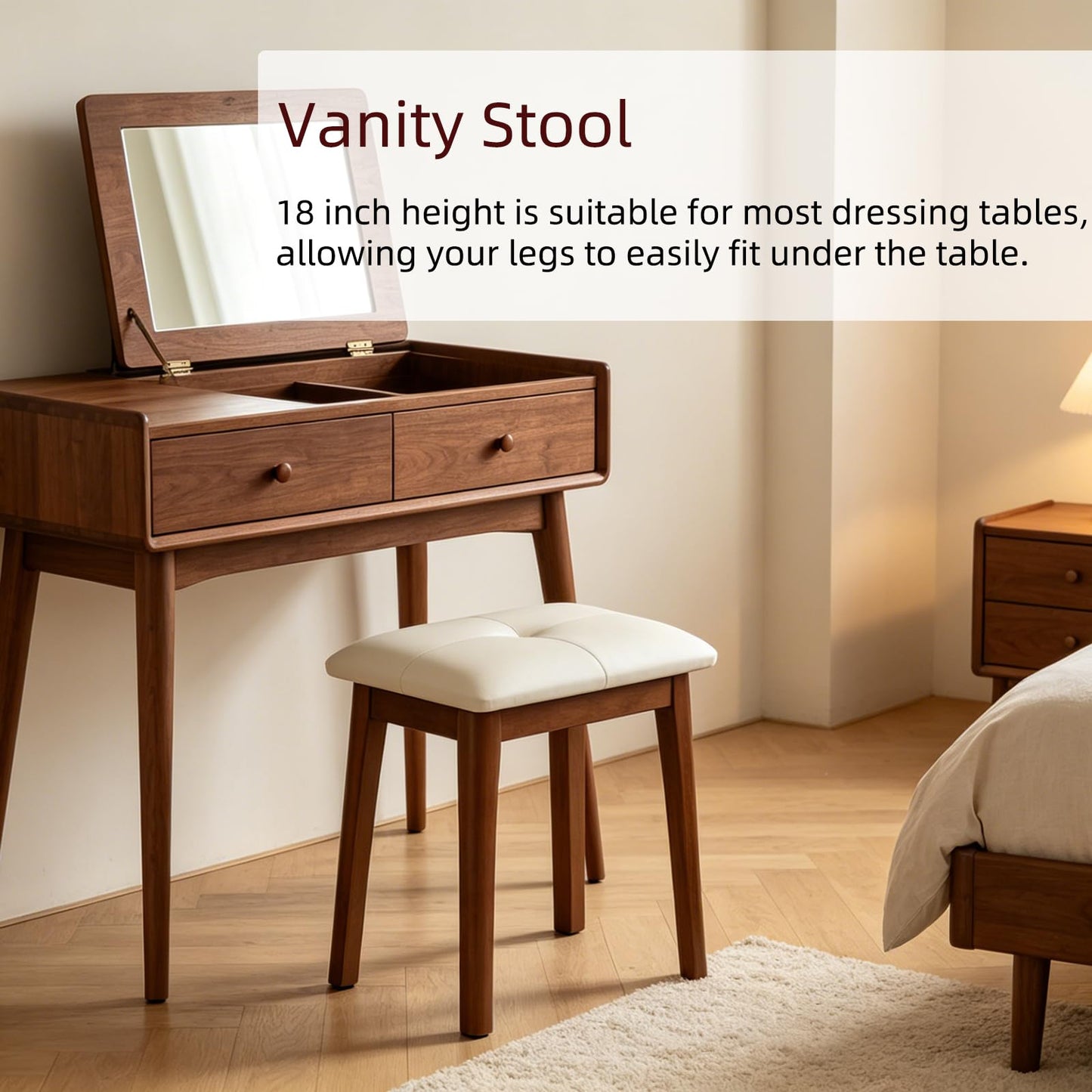 YETEYOW Solid Wood Vanity Stool with Cushion, 11" D x 15" W x 18" H - Small Wooden Ottoman Bench Chair Padded Seat for Bedroom/Living Room/Office/Makeup Vanity/Closet/Desk - Beige White
