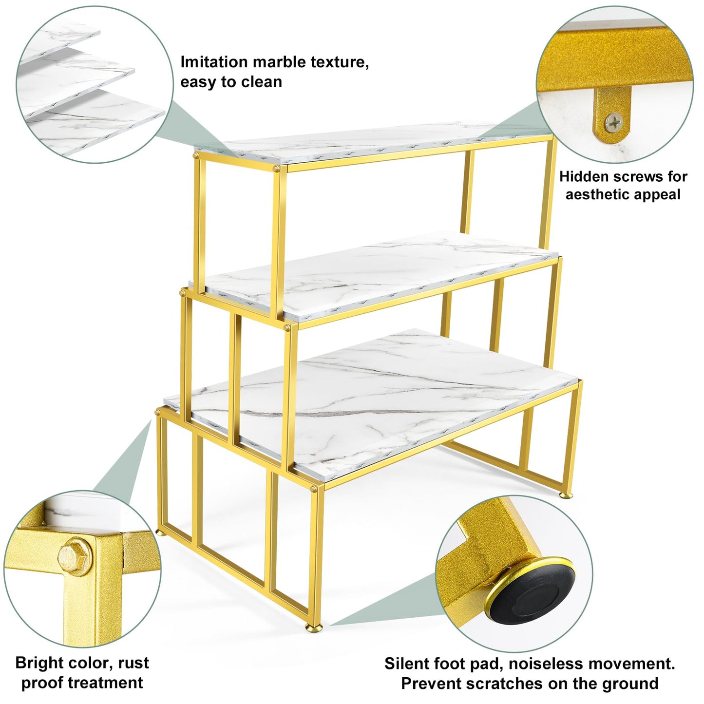 CIVANA Metal Shoe Handbag Display Table，3 Tier Heavy Duty Risers Display Stands，Modern Standing Display Riser Shelf for Retail Stores Vendor Events , Iron and Wood, Gold