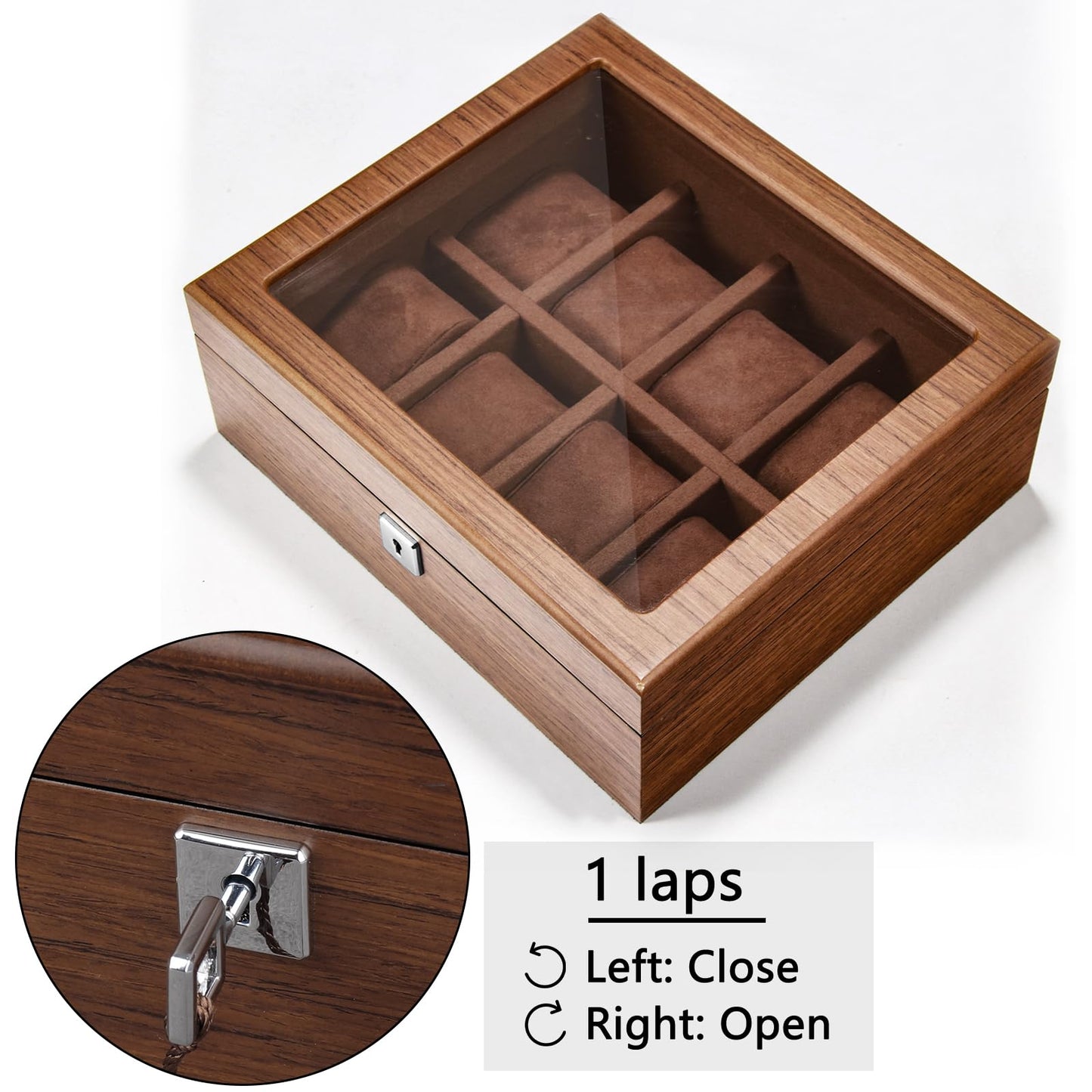 RoYiio 8 Slots Wood Watch Box for men, Watches Storage Box with Glass Lid & 8 Removable Velvet Pillow, Premium Watch Case Men Girls Father's Day Gift