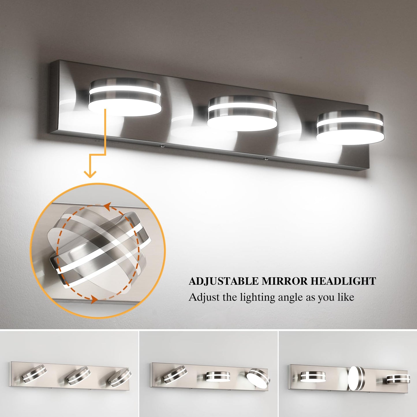 Bicrink Brushed Nickel Bathroom Vanity Light, (24in Dimmable) 3-Light Bathroom Light Fixtures Over Mirror, LED 5500K Vanity Lights with 360°Rotating Lamp Head