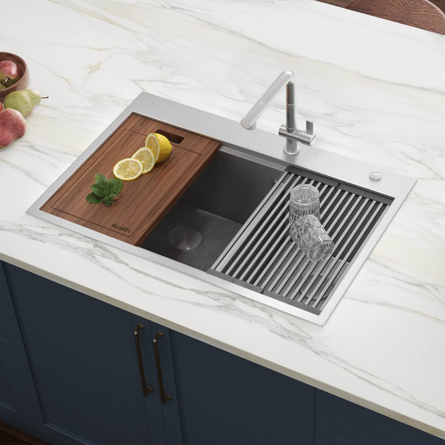 Ruvati 33 x 22 inch Workstation Drop-in 60/40 Double Bowl Topmount Tight Radius 16 Gauge Stainless Steel Ledge Kitchen Sink - RVH8035