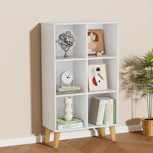 VAFHYLLIS 6 Cube Storage Organizer with Legs, 3 Tier Cube Low Bookcase Freestanding Storage Display Organizer for Home Office, Three-Cubes Open Shelf Short Bookshelf (White, 6 Cube Vertical)