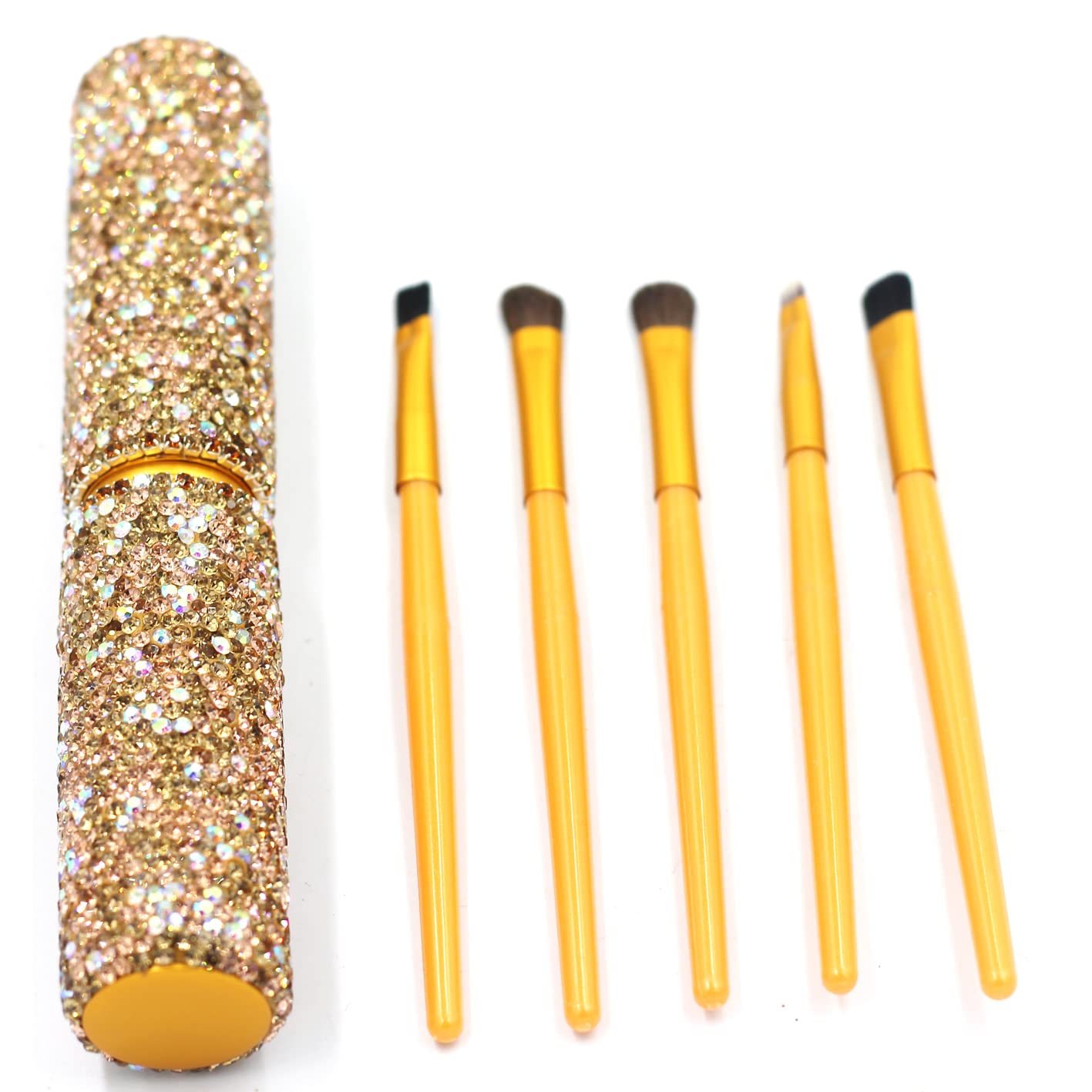 Bestbling Bling Bling Portable 5-Piece Makeup Brush Set for Eyeshadow and Eyebrows with Rhinestone Barrel Packaging (Gold)