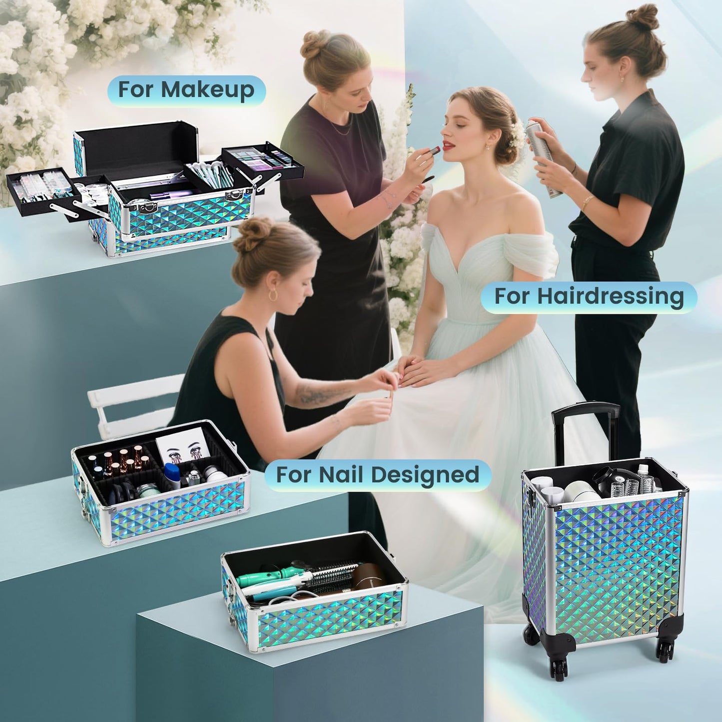Stagiant Rolling Makeup Case Cosmetology Case on Wheels 4 in 1 Makeup Travel Case Large Cosmetic Organizer Storage with Key Swivel Wheels Nail Artist Salon Traveling Cart Trunk Watery Blue