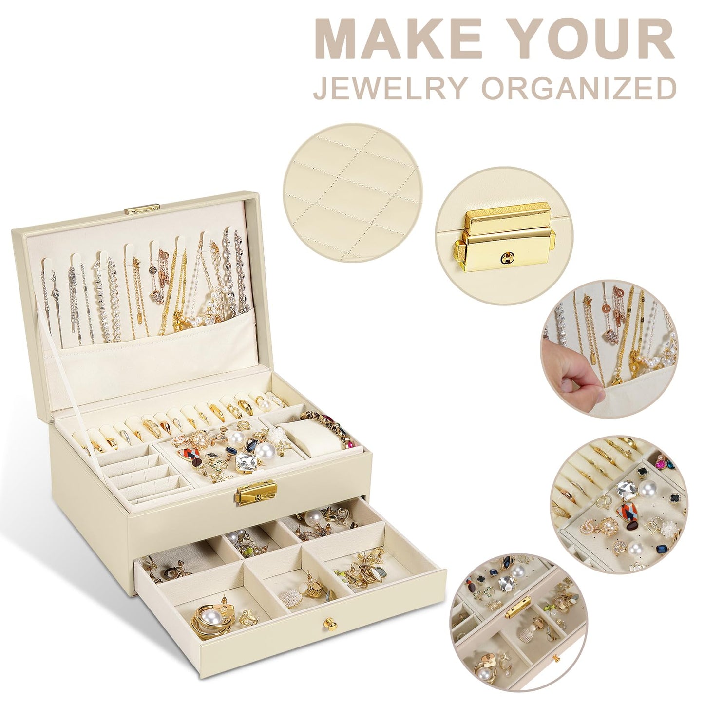 GUOER Jewelry Box for Women Girl Wife - Large PU Leather Jewelry Organizer Storage Case with Two Layers Display for Earrings Bracelets Rings Watches (Apricot)