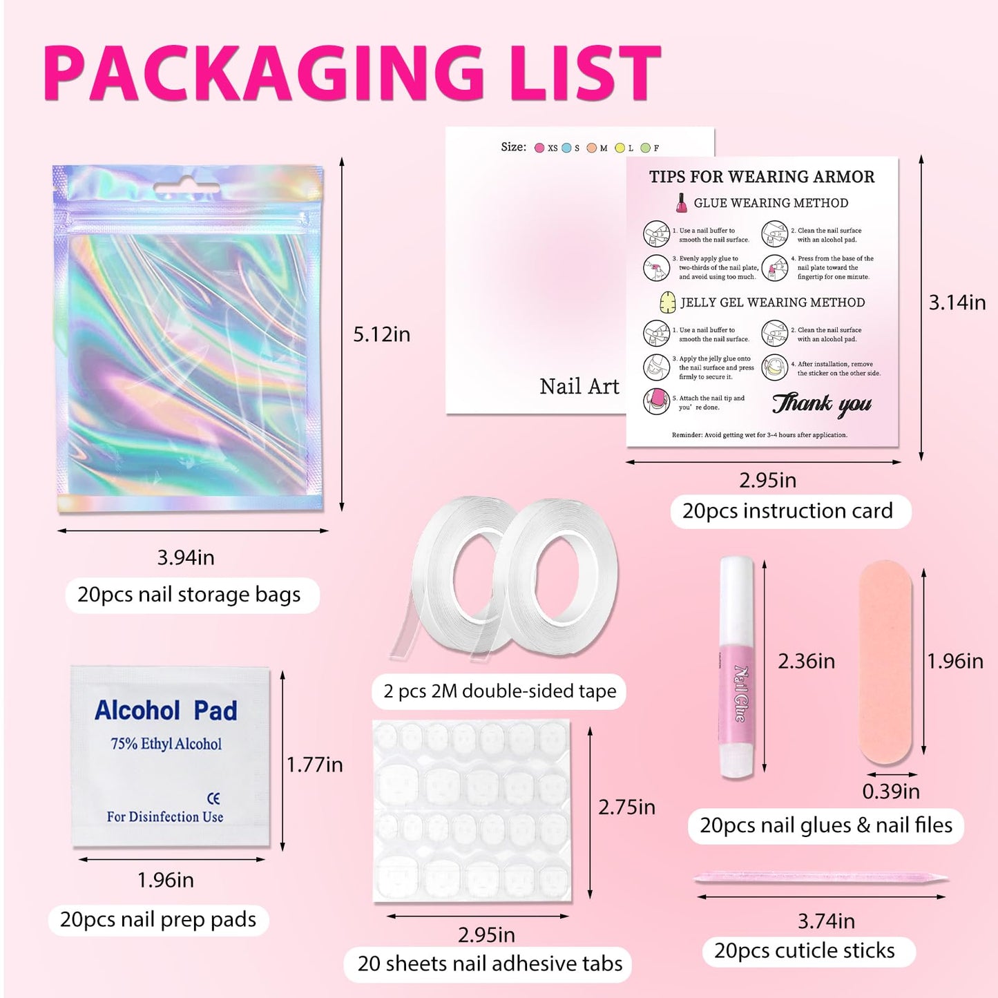 ESUOHYM 20 Sets Nails Packaging Bags for Press On Disposable Nail Supplies Kit with Holographic Bags, Glues, Instruction Cards, Tabs, File, Stick, Prep Pads, Tape Press On Nail Tools Kit for Business