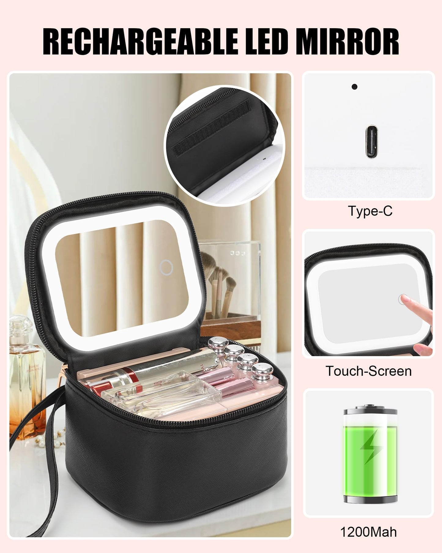 Relavel Mini Makeup Bag with LED Mirror, Portable Make Up Bag for Women with 3 Light Modes, Rechargeable Makeup Pouch for Girls, Personalized Birthday Gifts for Party Travel - Black A