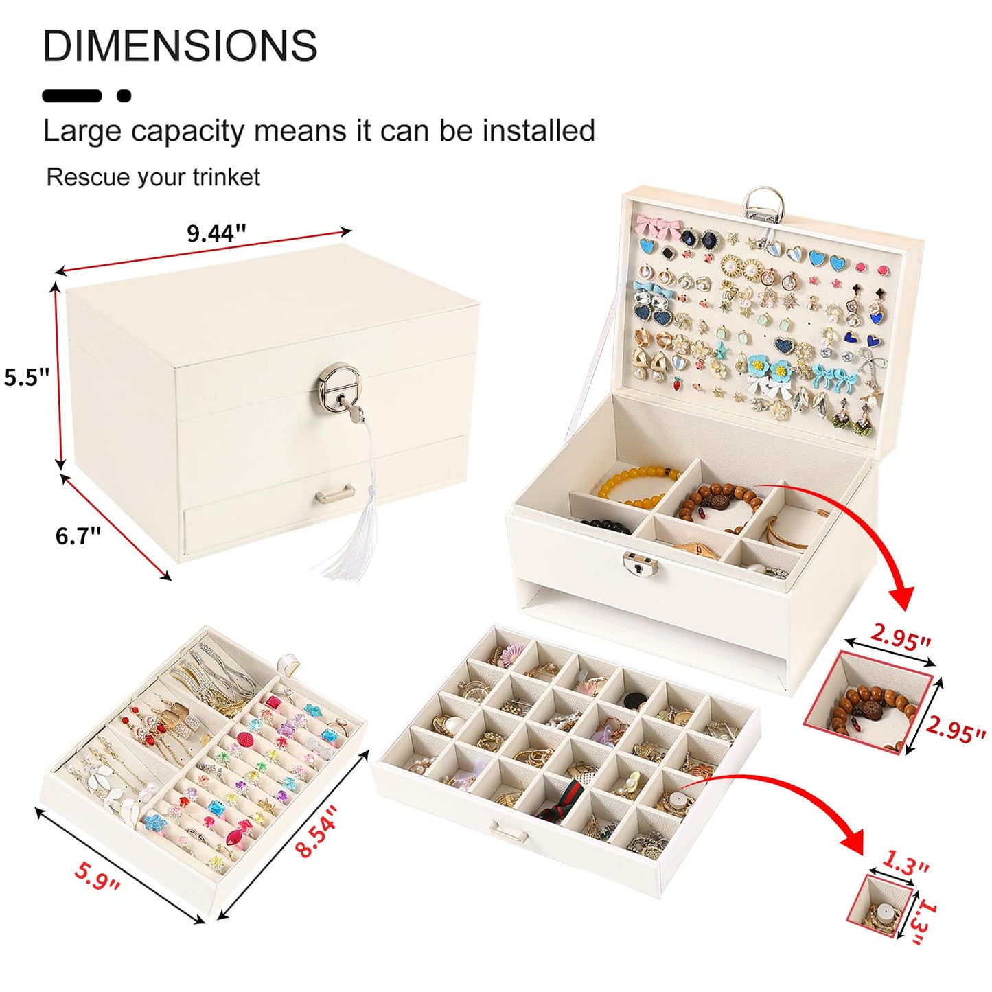 BOOVO Earring Jewelry Box For Women Girl Stud Organizer, 5 Layers Girl Jewelry Organizer Box With Lock Earring Holder Organizer Necklace Ring Jewelry Organizer Box For Girls (White, 5 layer)