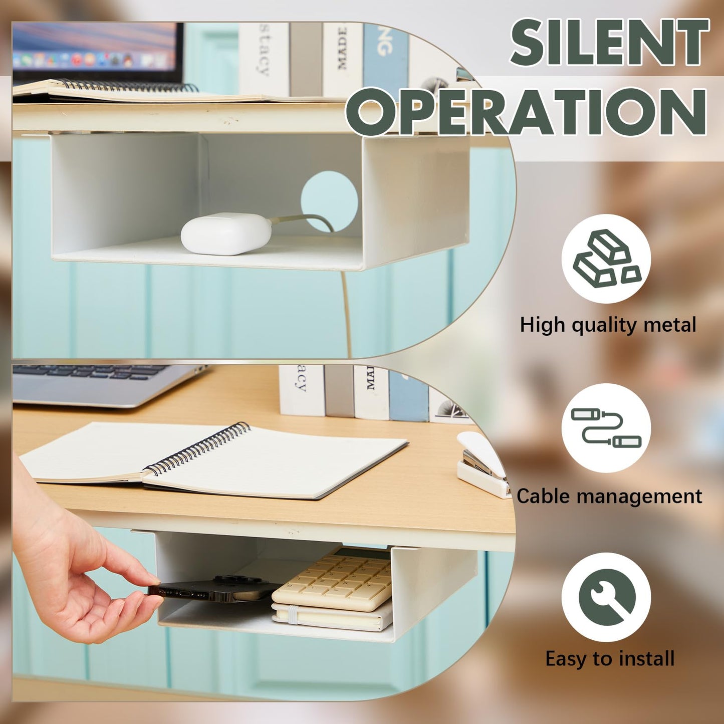 Yaocom 2 Pack Under Desk Hanging Shelf, Carbon Steel Storage Tray with Mute Felt Sheets, Mount Shelves Organizer for Office Home Workstation Gaming Desk Stand up(7.5x8x2.8 in/Storage Shelf,White)