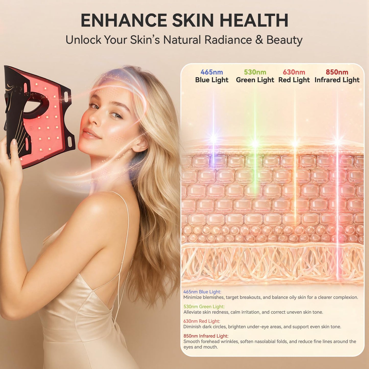 Gurtema Red Light Therapy Mask for Face – 8 Light Modes with 850nm NIR, Red & Blue LED Light Therapy etc., 1000mAh Rechargeable LED Face Mask for Radiant Glow at Home