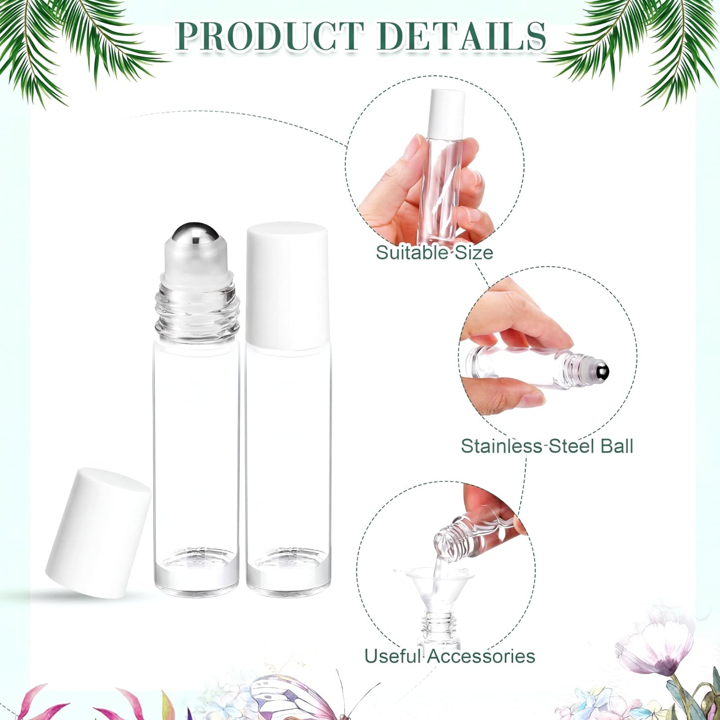 Sumind Essential Oil Roller Bottles - 250 Pcs, 10 ml Glass, Stainless Steel Roller Balls, Leakproof, Funnel Included (Clear with White Cap)