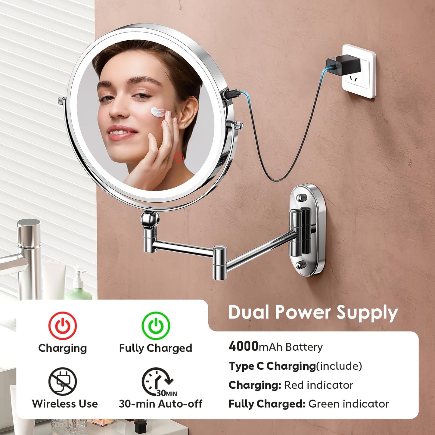 ZLOKLA 9" Wall Mounted Lighted Makeup Mirror,4000mAh Rechargeable Double Sided 1X/30X Magnifying Mirror with Light,Touch Dimmable,Extended Arm 360 Rotation Wall Mounted Makeup Mirror 3 Color Lights-C