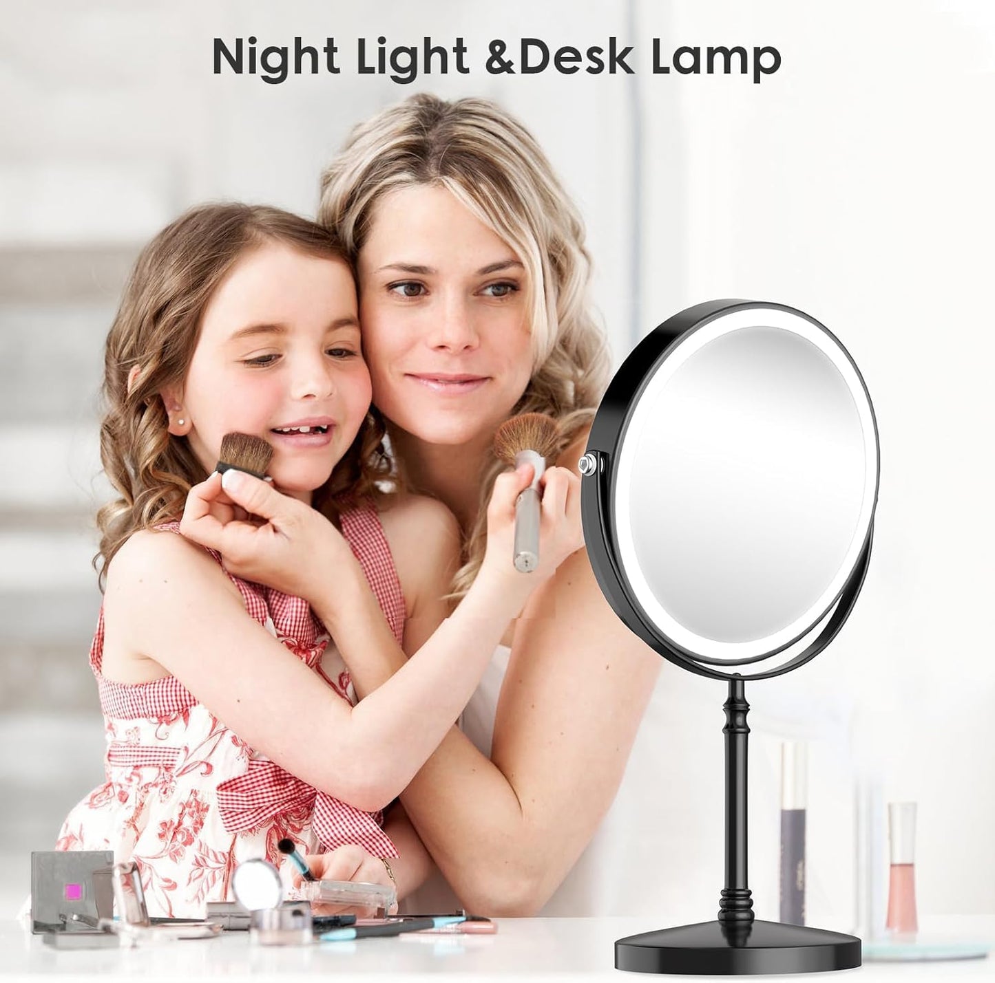 DEIOVWXS Makeup Mirror, Rechargeable Vanity Mirror with 3 Lights, 1X/10X