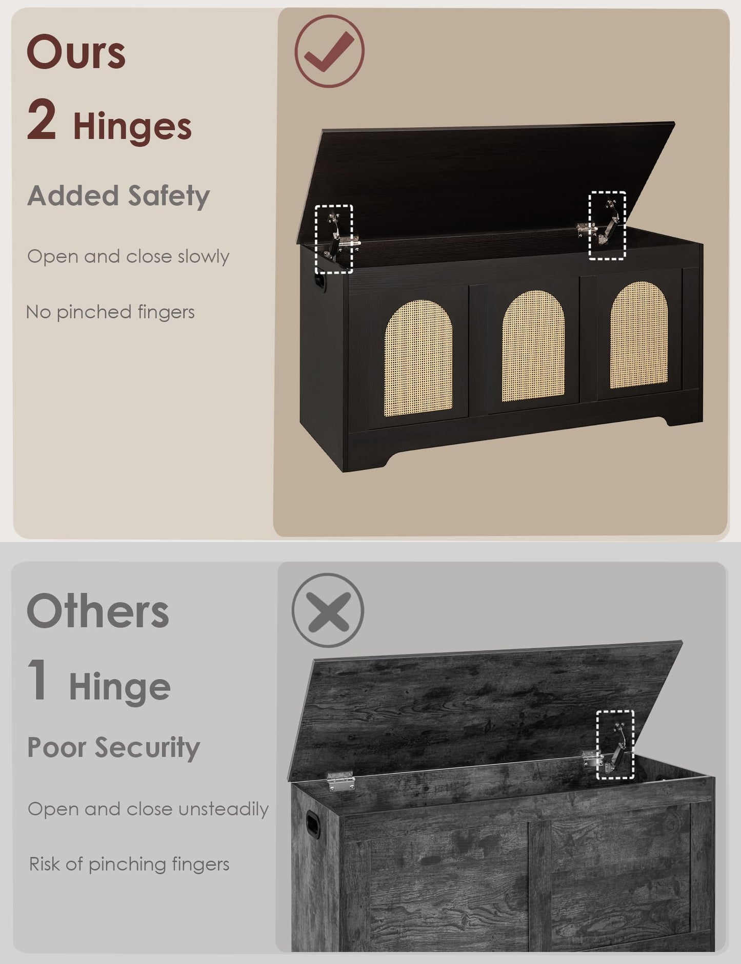 DINZI LVJ Storage Chest, 39.4" Rattan-Like Storage Box with 2 Safety Hinges, Wooden Entryway Shoe Bench with Flip-Top, Bedroom, Easy Assembly, Espresso and Natural