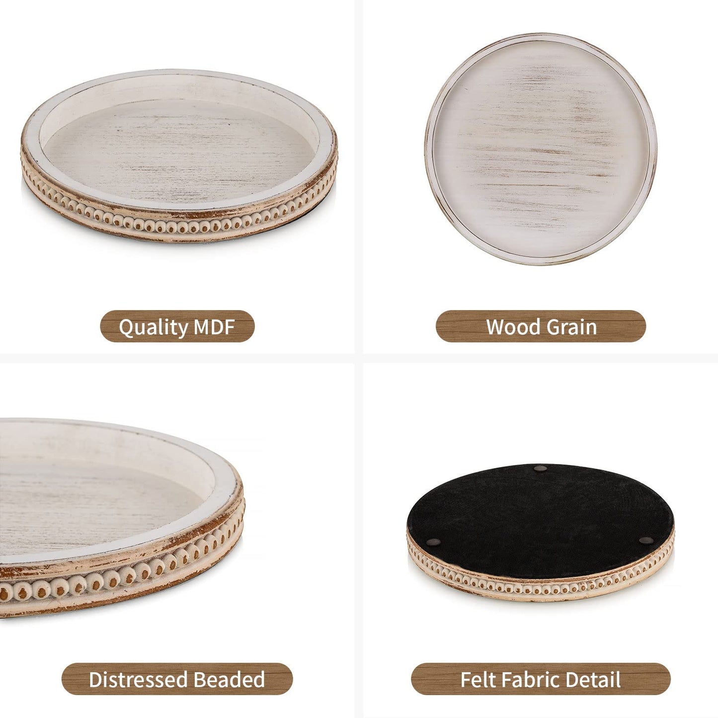 Hanobe Decorative Tray for Coffee Table: 10.5-Inch Round Whitewashed Wood Tray for Rustic Farmhouse Living Room Kitchen Island Entryway Home Decor