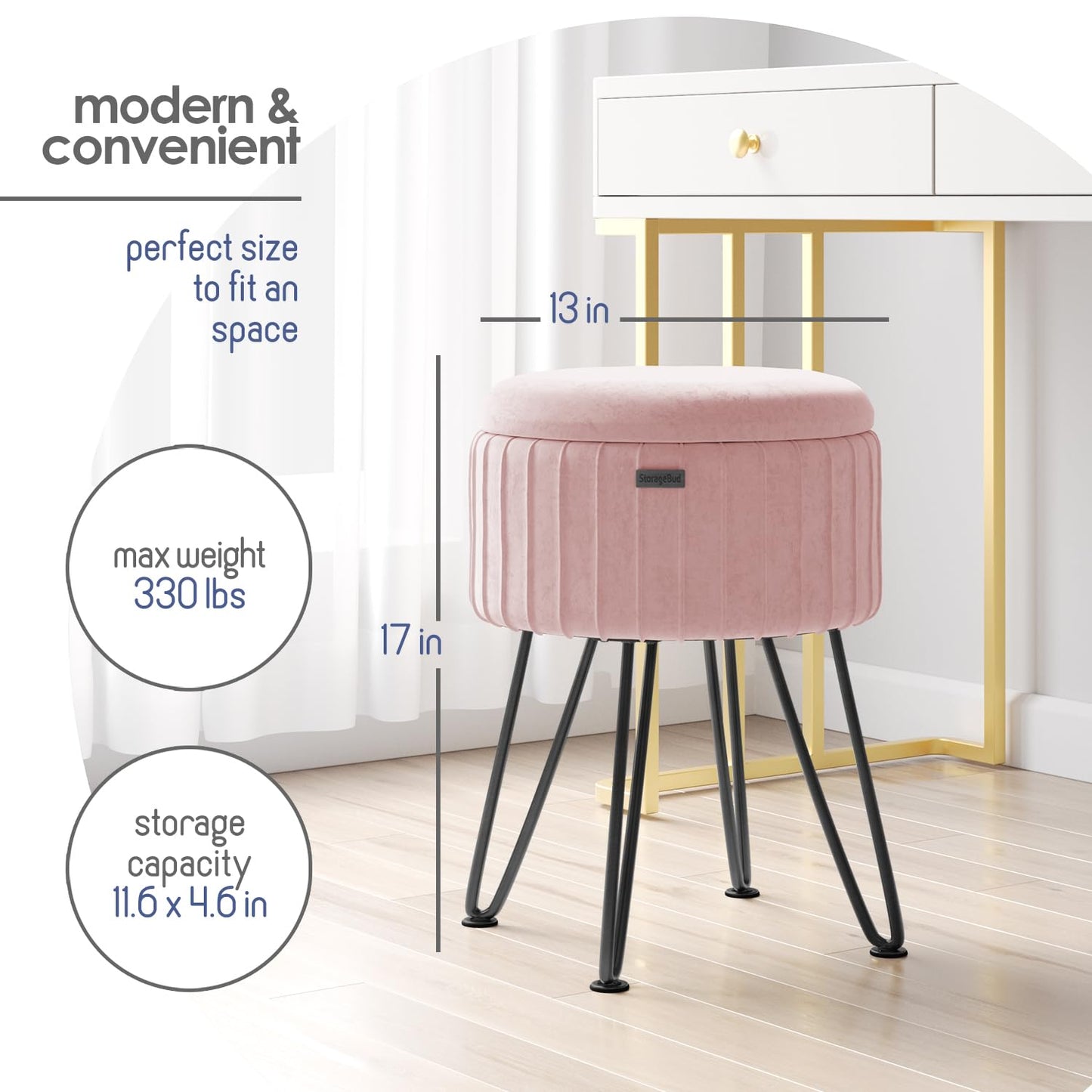 STORAGEBUD Round Ottoman with Storage, Pleated Velvet Storage Ottoman, Foot Stool Ottomans, Makeup Vanity Stool, Small Ottomans Foot Rest, Modern Vanity Stools for Living Room and Bedroom, Pink