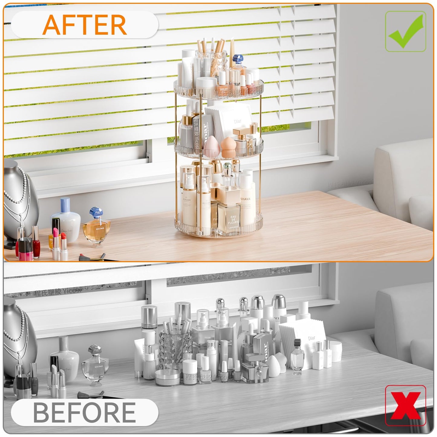 Yieach Acrylic 360 Rotating Makeup Organizer and Perfume Organizer,3 Tier Make Up Holder and Acrylic Skincare Organizers for Countertop,Vanity,Bathroom,Clear Spinning Beauty Organizer for Face Product