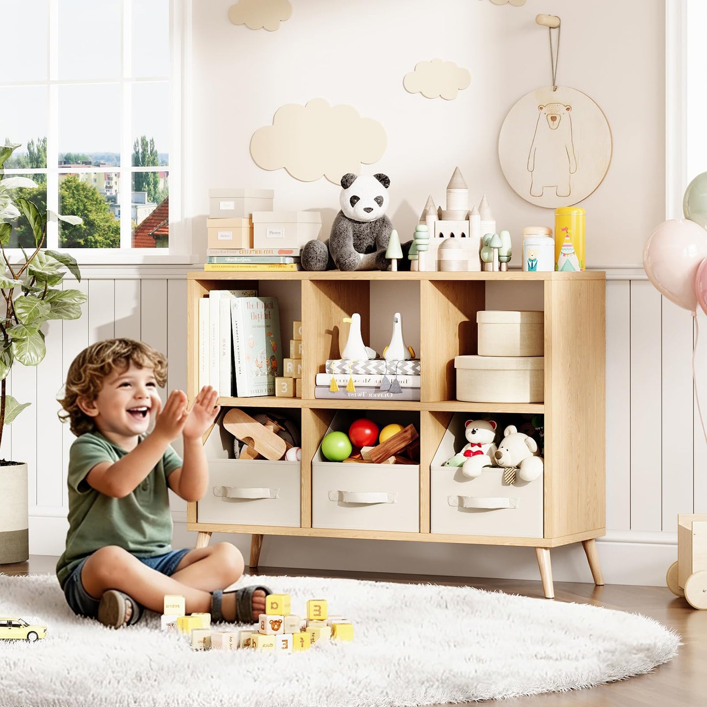 Flrrtenv 6 Cube Storage Organizer, Wood Bookcase with Legs, Modern Freestanding Cubby Shelving Unit, Book Shelf Toy Storage Cabinet for Bedroom, Living Room, Kids Room, Fits 11 Inch Bins, Natural